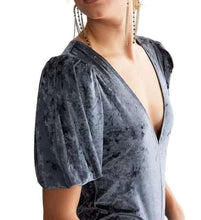 Load image into Gallery viewer, Free People Don&#39;t You Wish Velvet Bodysuit V-neck Gray Blue