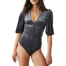 Load image into Gallery viewer, Free People Don&#39;t You Wish Velvet Bodysuit V-neck Gray Blue